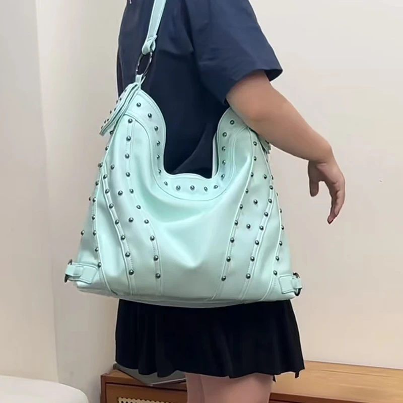 Mint Green Rivet Motorcycle Bag Large Capacity Studded Tote Bag Stylish Vintage Zippered Shoulder Bag Women's Handbag