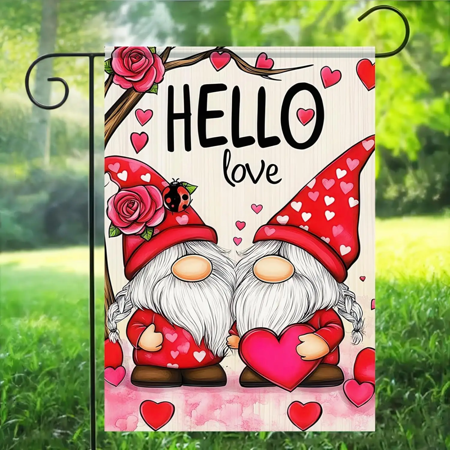 Valentine's Day Garden Flags For Outside 12x18 Double Sided, Happy Valentine Hello Gnome Garden Flag Love Heart Banner S ZZA SSL