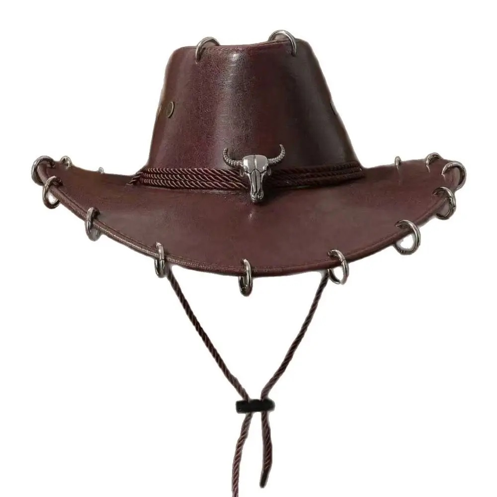 Shadow Hat Wide Brim Western Cowboy Hat Pu Leather Ethnic Style Cowgirl Cap Solid Color Punk Panama Cap Travel