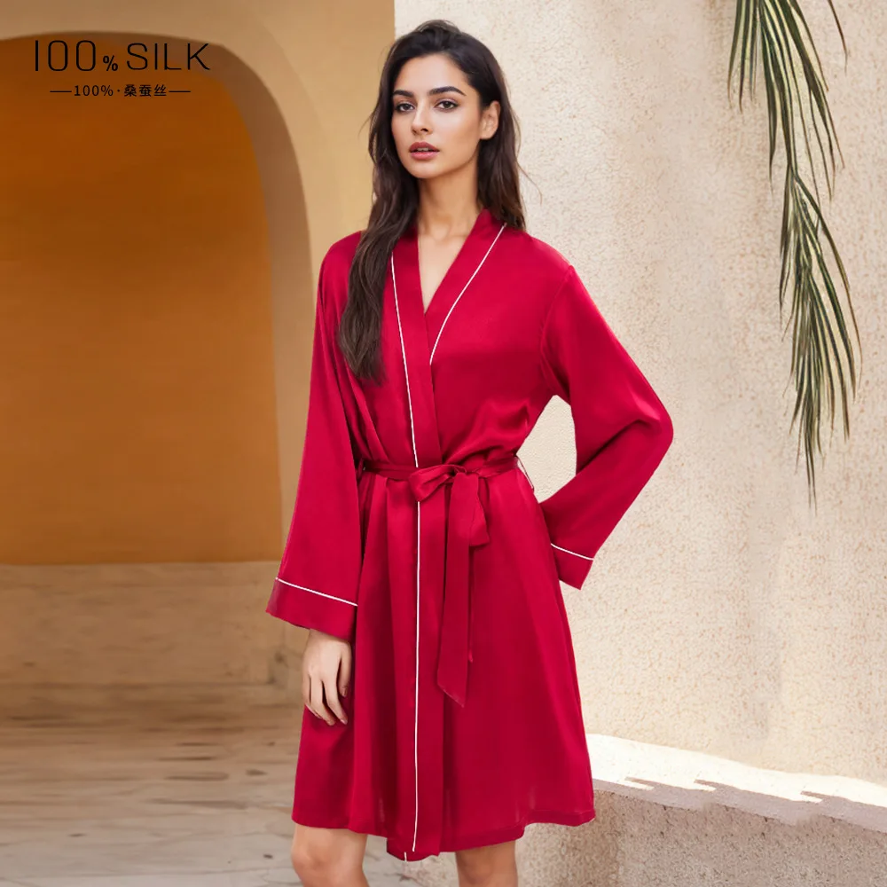 19MM 100% Mulberry Silk Robe Women Satin Sleepwear Luxury Lace Trim Kimono Bathrobe Elegant Loungewear Gift