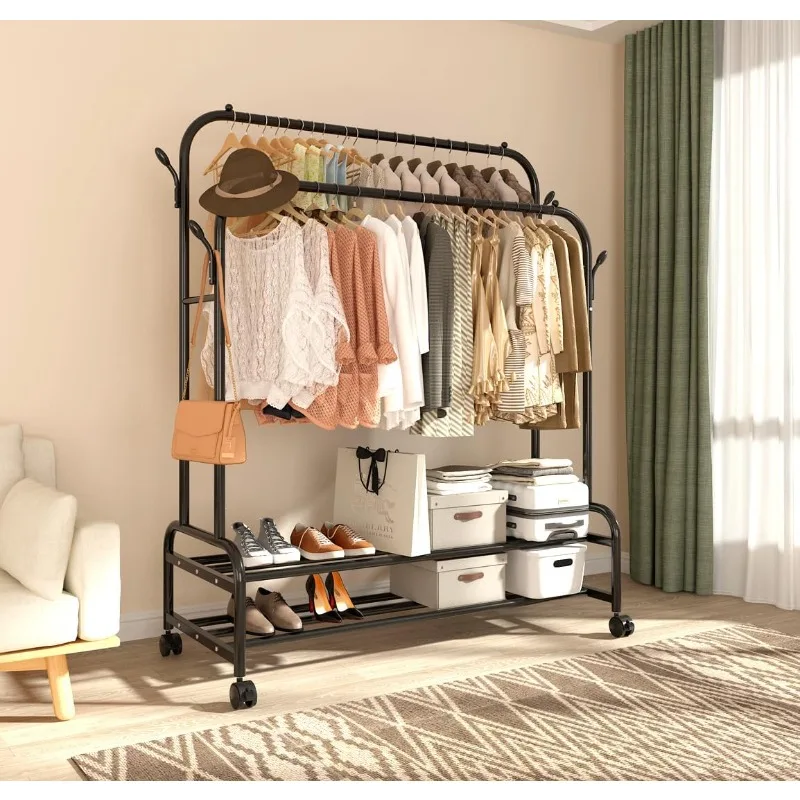 

Sturdy Metal Double Rodding Clothes Rack With Wheels, Portable Clothing Rack With Shelves & Hooks, Heavy Duty Garment Racks