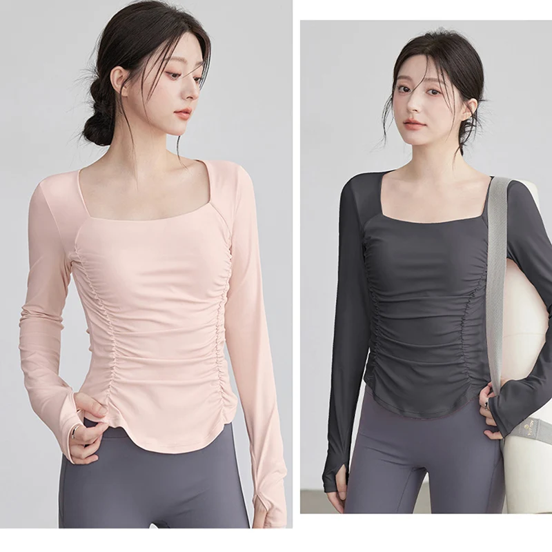 New Long-sleeved Back-slimming Gym Shirts Pleated Waist Elastic Chest-containing Cushion Yoga Pilates Fitness Top Slimming Cloth