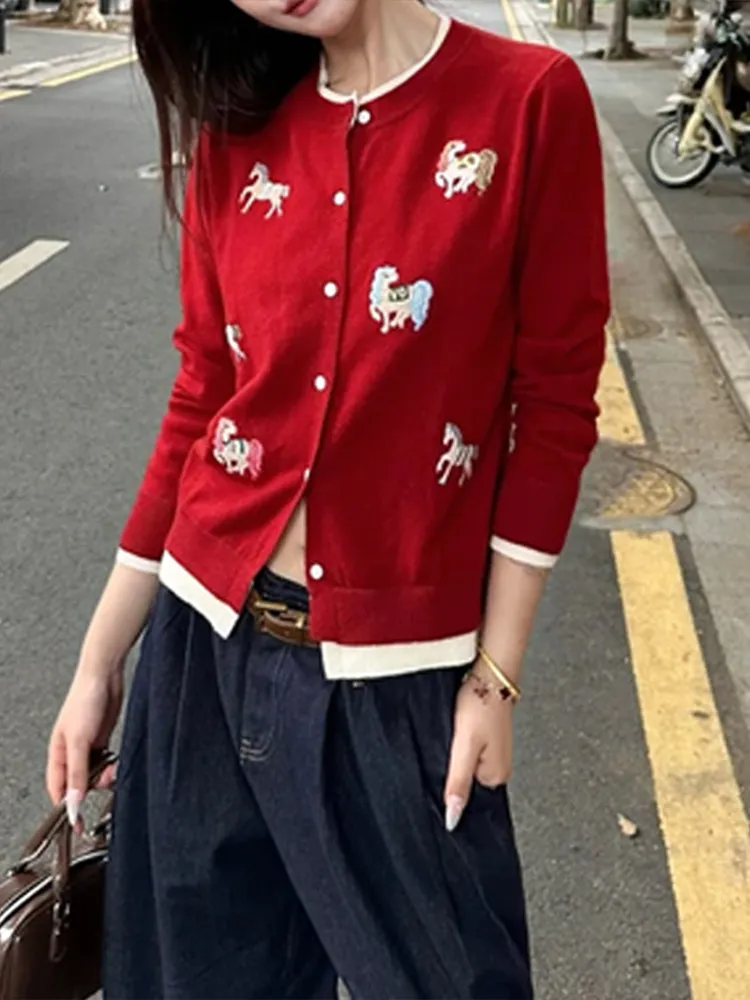 

Faionable Knitted Red Open Cardigan Women's Sle Color Blo Sweater Casual Fit Long Sve ort Length round Ne Button up