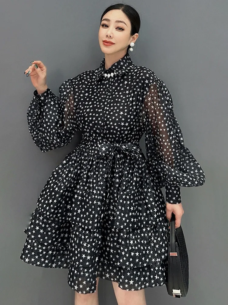 SHENGPALAE Fashion Chiffon Dress For Women 2024 Spring Summer Lace Up Print Ruffle Edge Elegant Female Clothes Dresses 5C1213