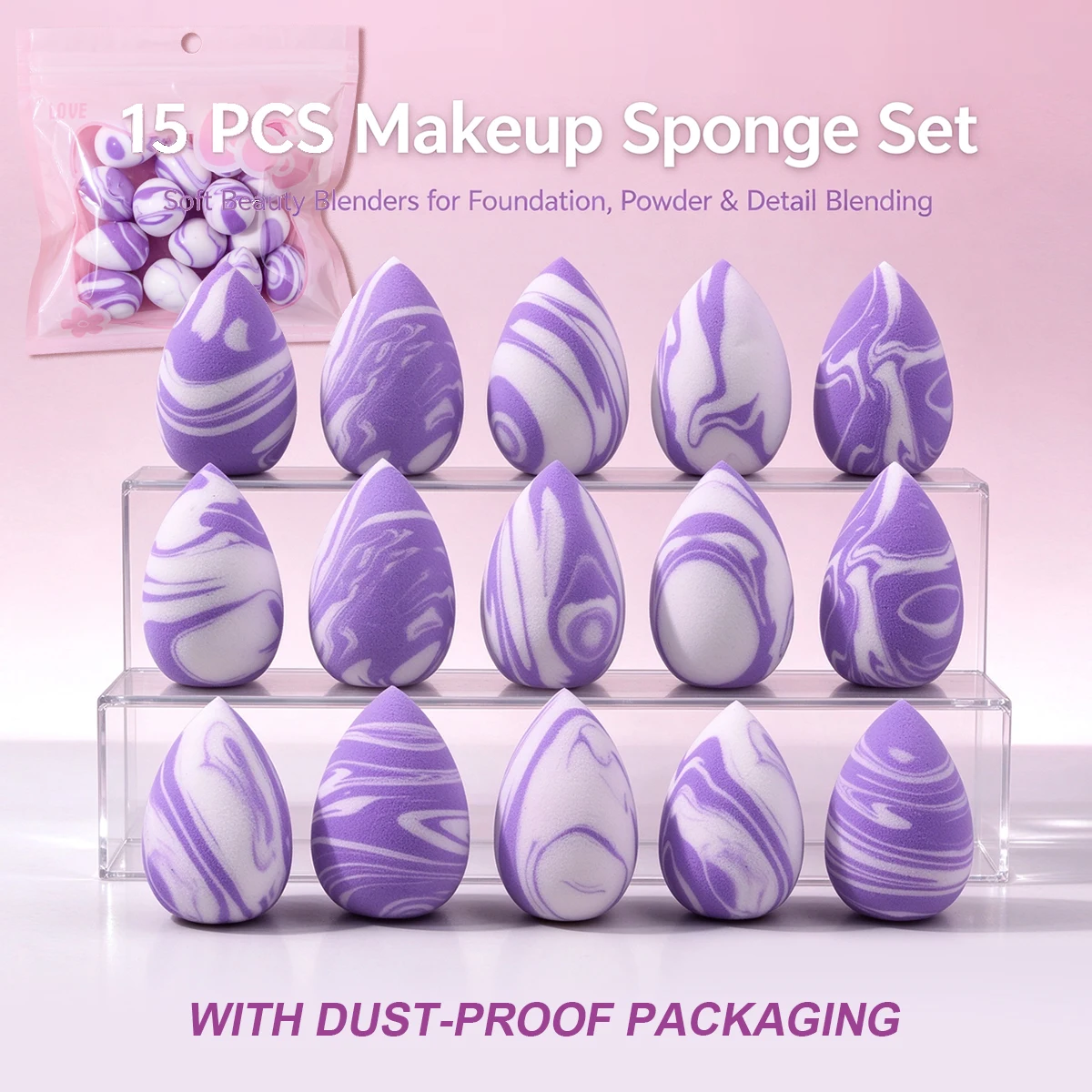 15Pcs Makeup Sponge Set,Teardrop Shaped Cosmetic Sponges with Dust-proof Storage Bag,Reusable Makeup Applicator Tools