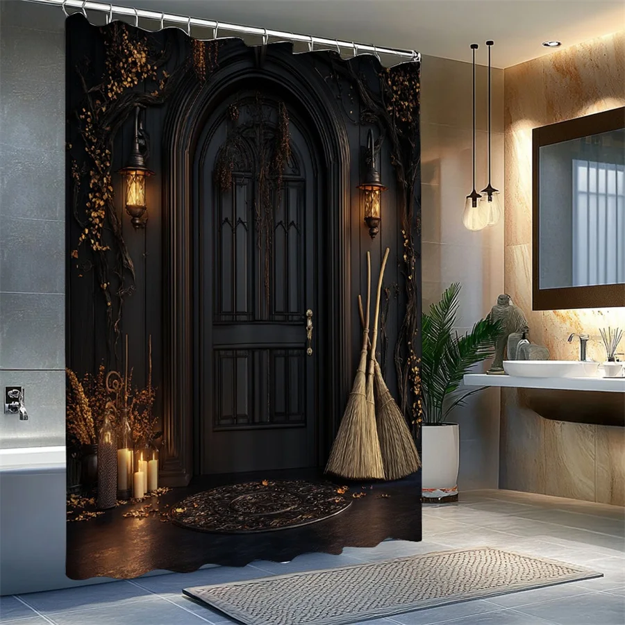 1pc Gothic Shower Curtain - Dark Gothic Door with Lanterns, Broomsticks & Cobwebs Design, Spooky Ambiance Bathroom Decor, 70.86x