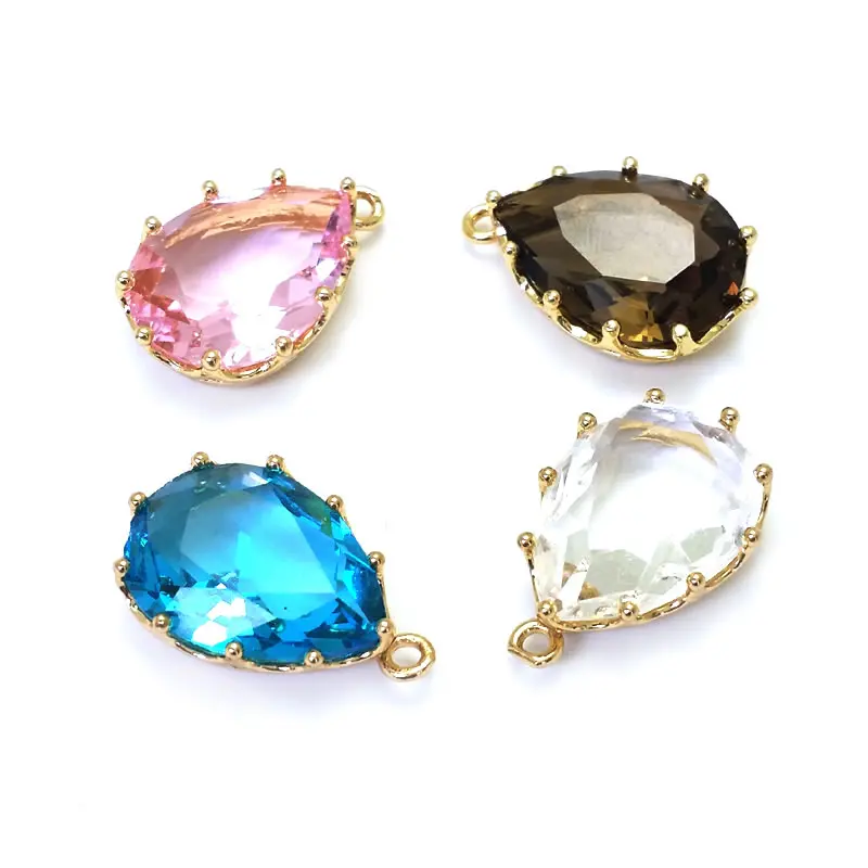 6PCS 18x11MM 22x14MM High Quality Champagne Gold Color Brass and Glass Tear Drop Shape Colourful Glass Beads Charms Pendants
