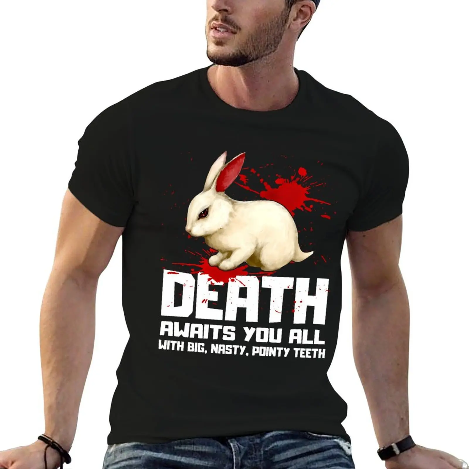 

Death Awaits You All with Big, Nasty, Pointy Teeth T-Shirt t shirt personalised t shirts for man pack cotton T-Shirt