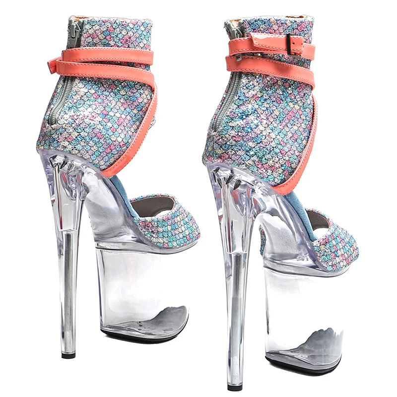 Leecabe  20CM/8inches Glitter Upper  Fashion trend sexy  Open toe  High Heel Transparent   platform Pole Dance Sandals