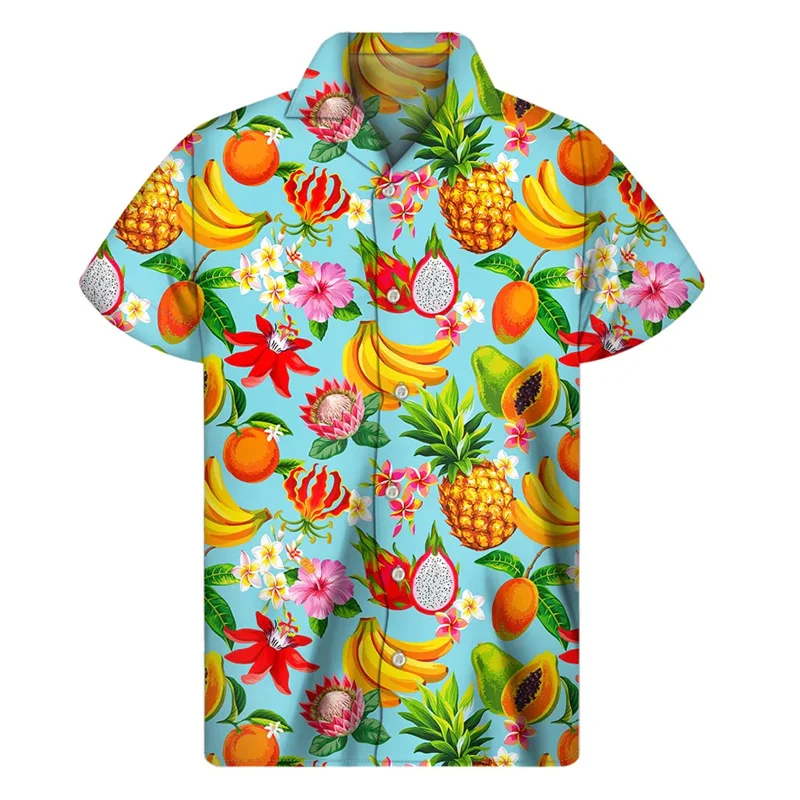 Mango Banana Pineapple Graphic Shirt Men 3D Print Fruit Hawaiian Shirts Summer Beach Short Sleeve Button Lapel Aloha Blouse