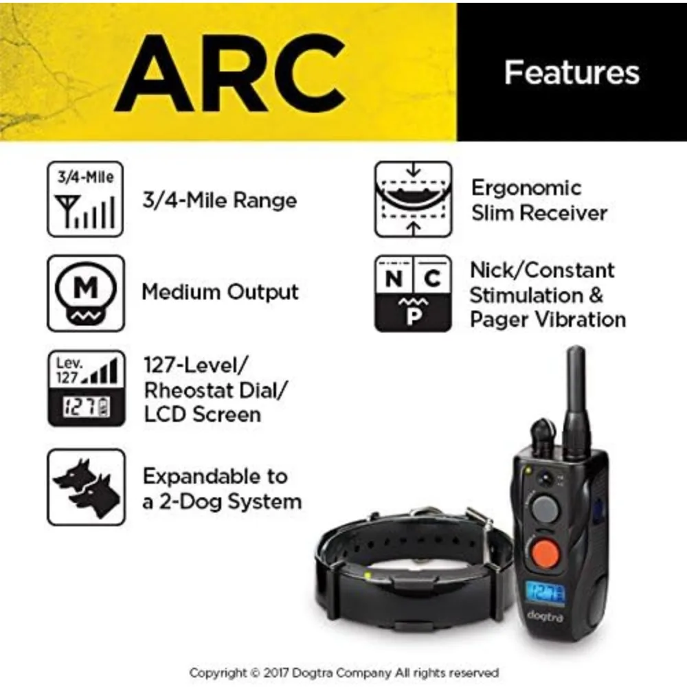 ARC Remote Training E-Collar - 3/4 Mile Range - Static Stimulation, Vibration, Audible Tone, Waterproof, Rechargeable