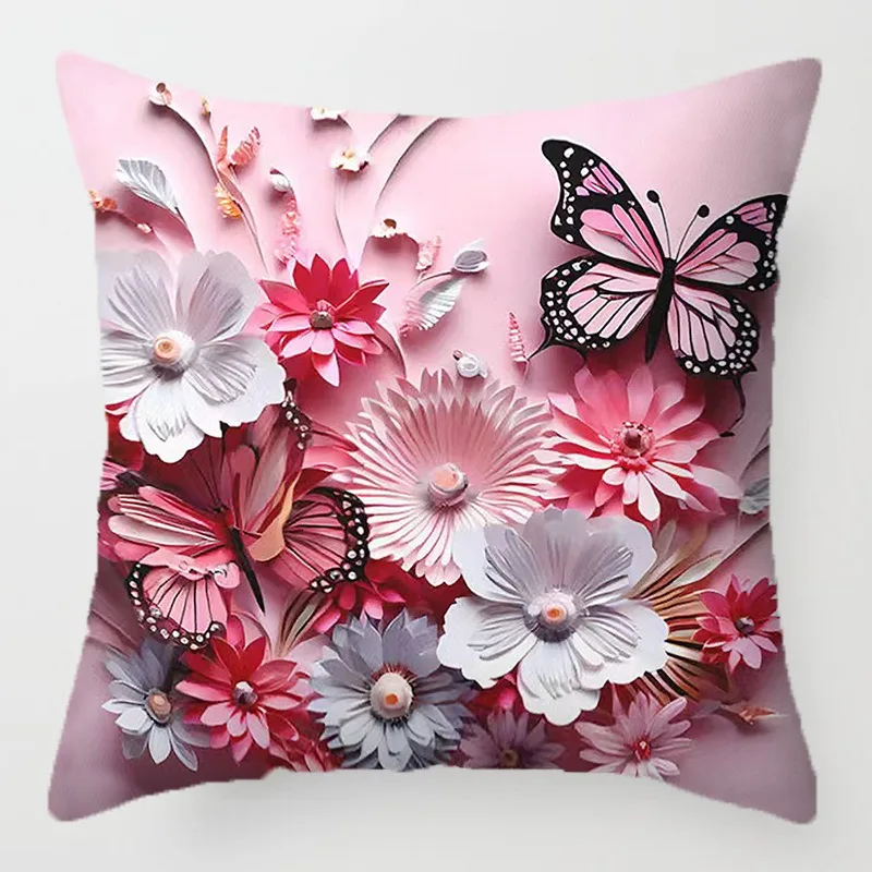 

Pink Butterfly Flower Cushion Cover Peach Skin 2D Print Decorative Pillow Case Sofa Living Room Aesthetic Home Decor Pillowcase