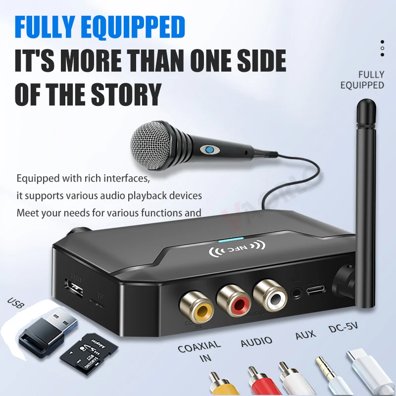 Многофункциональный NFC Bluetooth 5.3 аудио передатчик приемник HiFi стерео беспроводной адаптер 3,5 мм AUX/RCA/USB/TF/коаксиальный/6,5 мм микрофон караоке U-диск