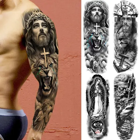 1 Sheet Super Long Large Full Arm Jesus Temporary Tattoos For Men Women Zeus Gods Tatoos Waterproof Fake Tattoo Sleeve Sticker