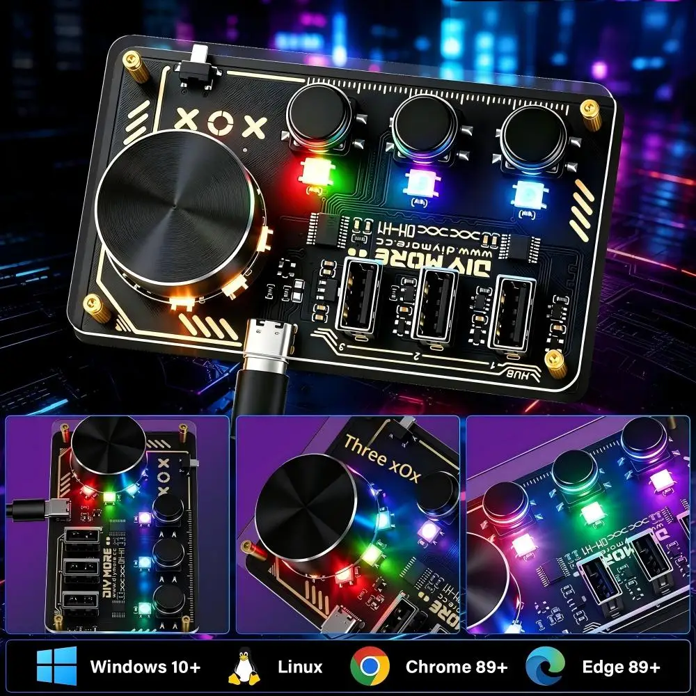 CH554T DC5V USB HUB Dock Desktop Macro Controller EC11 Rotary Encoder 3 Programmable Buttons 11 WS2812B RGB LED WebHID Config