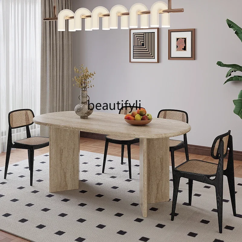 cc182Moderner einfacher ovaler Esstisch, Wohnzimmer, luxuriöser langer Steintisch für den Haushalt, hochwertiger Marmor aus Wabi-Sandy Travertin