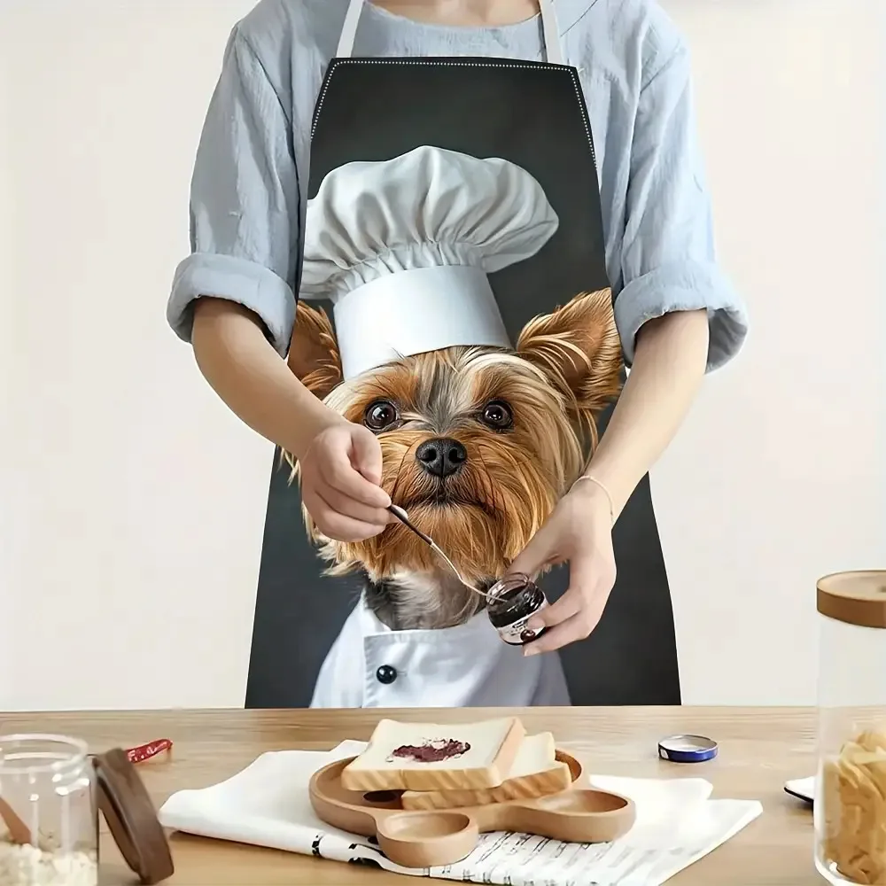 Cute Yorkshire Terrier Chef Apron, Funny Dog in Hat Kitchen Bib, Pet Lover Gift for Women Men Cooking Baking Home Decor