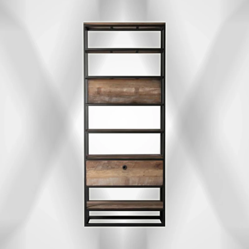 

Contemporary modern five-drawer bookcase, industrial style antique iron metal frame open wood living room furniture