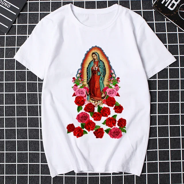 T-Shirt manches courtes col rond pour homme, estival et unisexe, avec image de la vierge marie et de la madone