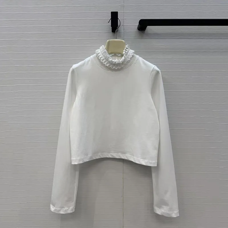Women's Pleated Twist-Neck T-Shirt, Casual and Versatile Long-Sleeve Cropped Top, 100% Cotton Pullover, 2026, New Arrival, Y2K