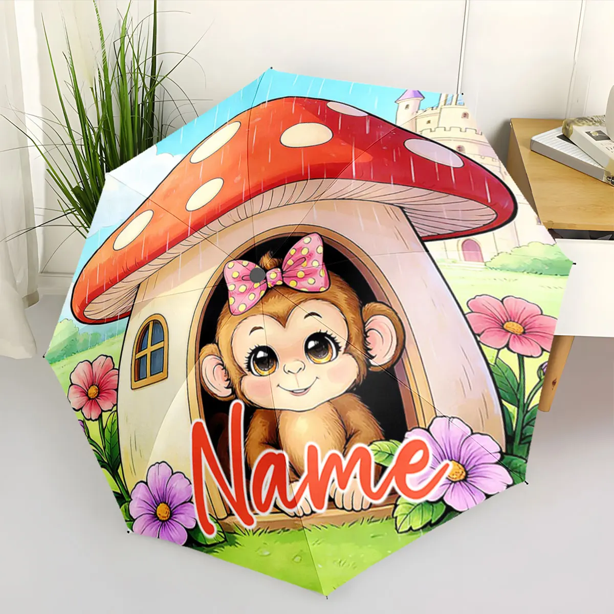 Custom Name Umbrella Features Cheerful Cartoon Monkey Design Print 8 Iron Ribs Folding Umbrella Auto-Open Fashion Sunshade