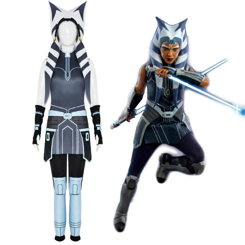Star Wars Ahsoka Tano Cosplay-Kostüm mit Lekku-Kopfbedeckung für Frauen, The Clone Wars Halloween Cosplay Party