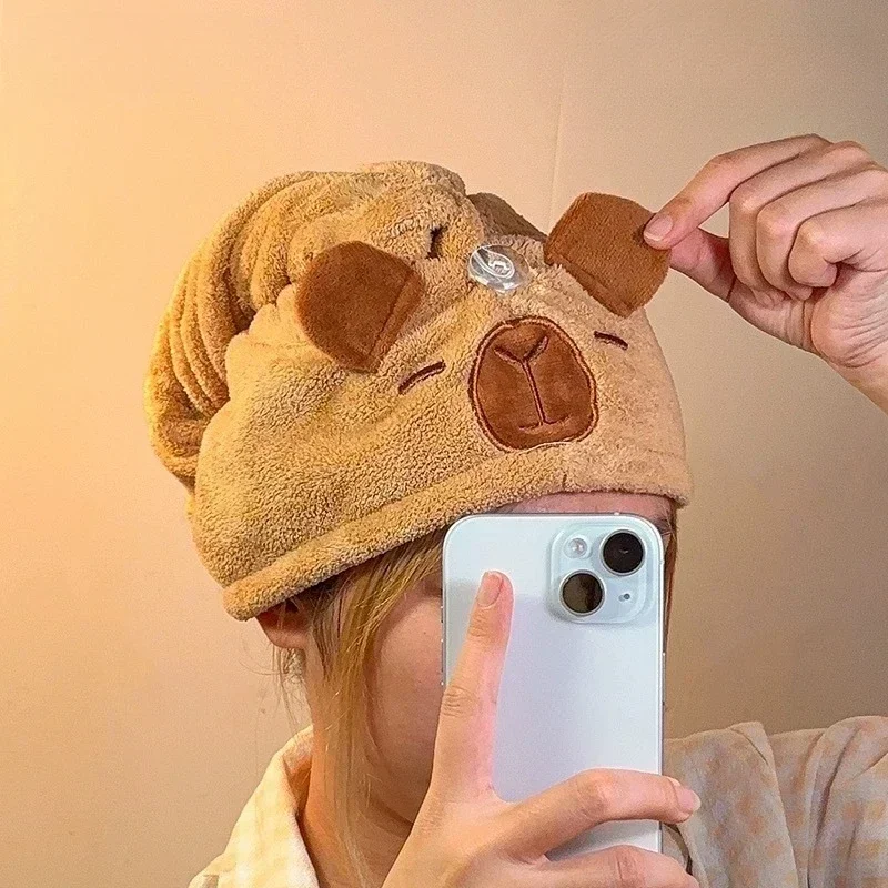 Cute Cartoon Capybara Plush Dry Hair Cap Good Absorbent Quick Dry Coral Velvet Shower Cap for Women Kid Kawaii Girl Hair Towel