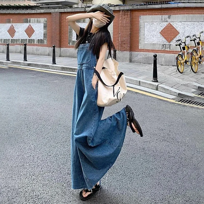 Streetwear Women Loose Ladies Vintage Long Denim Dress Female Tassel Spaghetti Strap Jeans Dresses vestido mujer