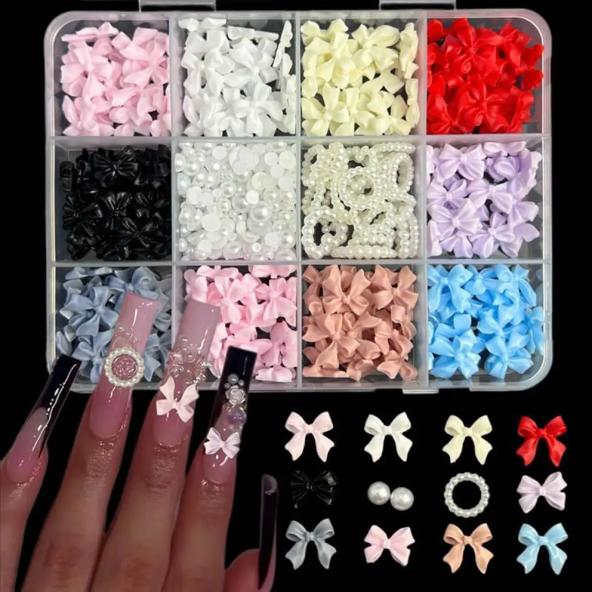 1 กล่องเรซิ่นหวาน Multi-สี Bow Semi-Circular Pearl เล็บ Charms 3D Hollowed Out Heart Square ตกแต่งเล็บเล็บ DIY