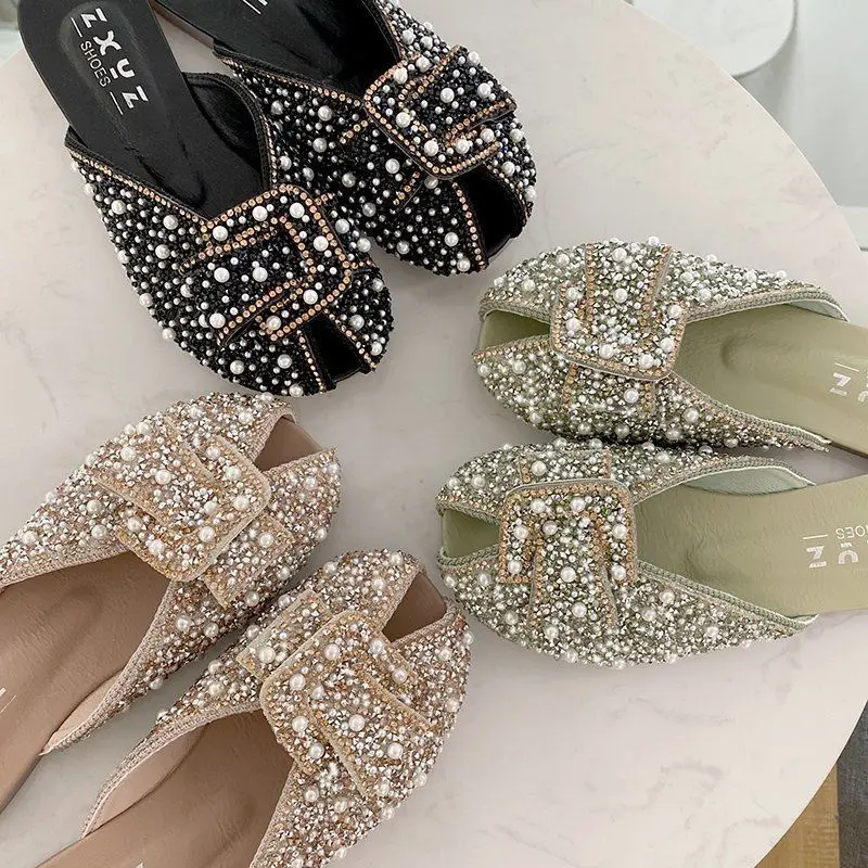 Glitter Elegant Mules Shoes for Women Sandals Fashion Heeled Rhinestone Sequin Slippers Summer New 2024 Flat Slipper Comfortable