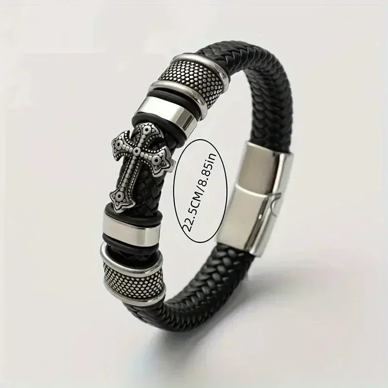 Vintage Hand Woven Eco-Friendly Leather Cross Bracelet with Magnetic Clasp Men\'s Fashion Pendant Religious Amulet Jewelry