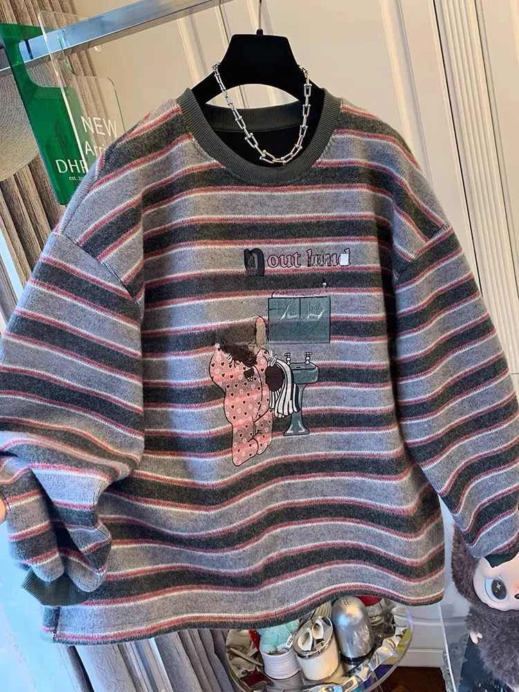 

Retro Striped Print Long Sve T-irt ex Spring Autumn Loose Slimming Top Casual Comfortable Loose Fit Creative Pattern