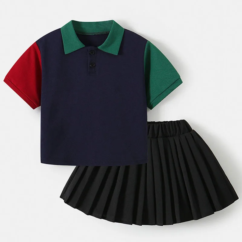 

2Piece 2025 Summer Girls Boutique Clothes Korean Casual Fashion Short Sleeve Baby Tops+Skirt Kids Clothing Children's Sets B119