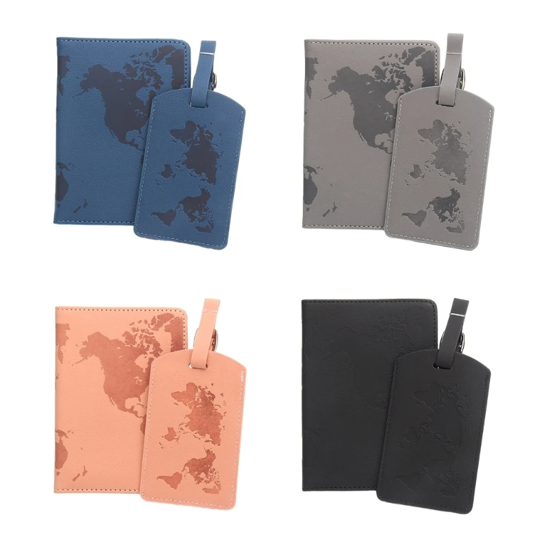 

World Map PU Leather Passport Holder Cover Case and Suitcase Luggage Bag Label Set Travel Accessories Wallet