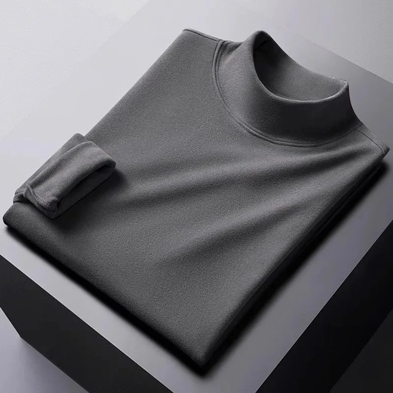 Double-Sided Woolen Long Sleeve T-Shirt Men's Loose Casual Thermal Underwear Half-High Collar Autumn Winter Warmth Conservation