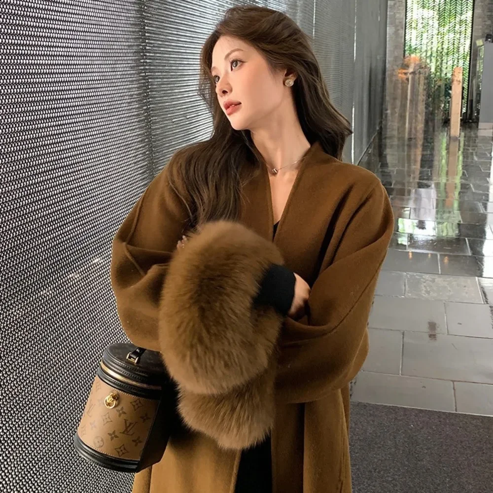 OFTBUY 2024 Women Big Fur Collar Overcoats Female Elegant Warm Woolen Coats with Belt Real Fur Jacket Loose Fashion Outerwears