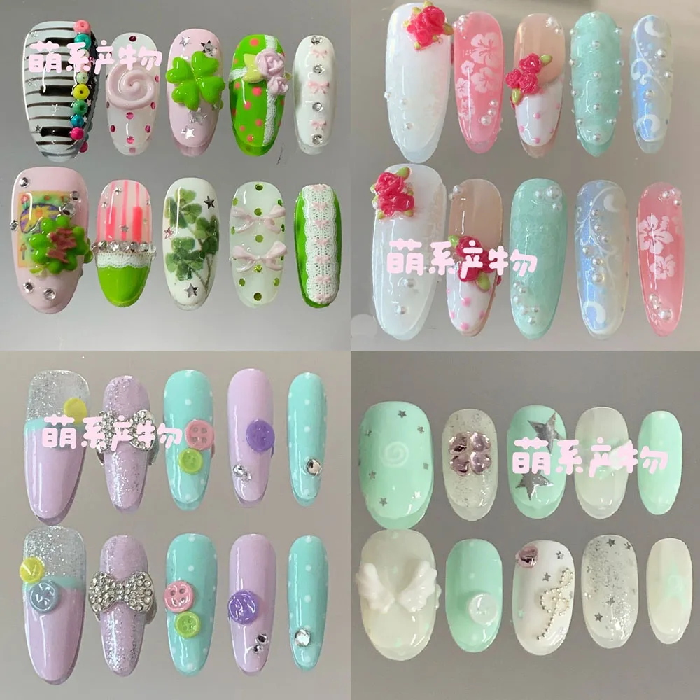 Ins Korean Style Polka Dots Stars Diamond Handmade Nail Patch 3D Flower Bowknot Treble Clef Clover Oval Nail Art Birthday Gift