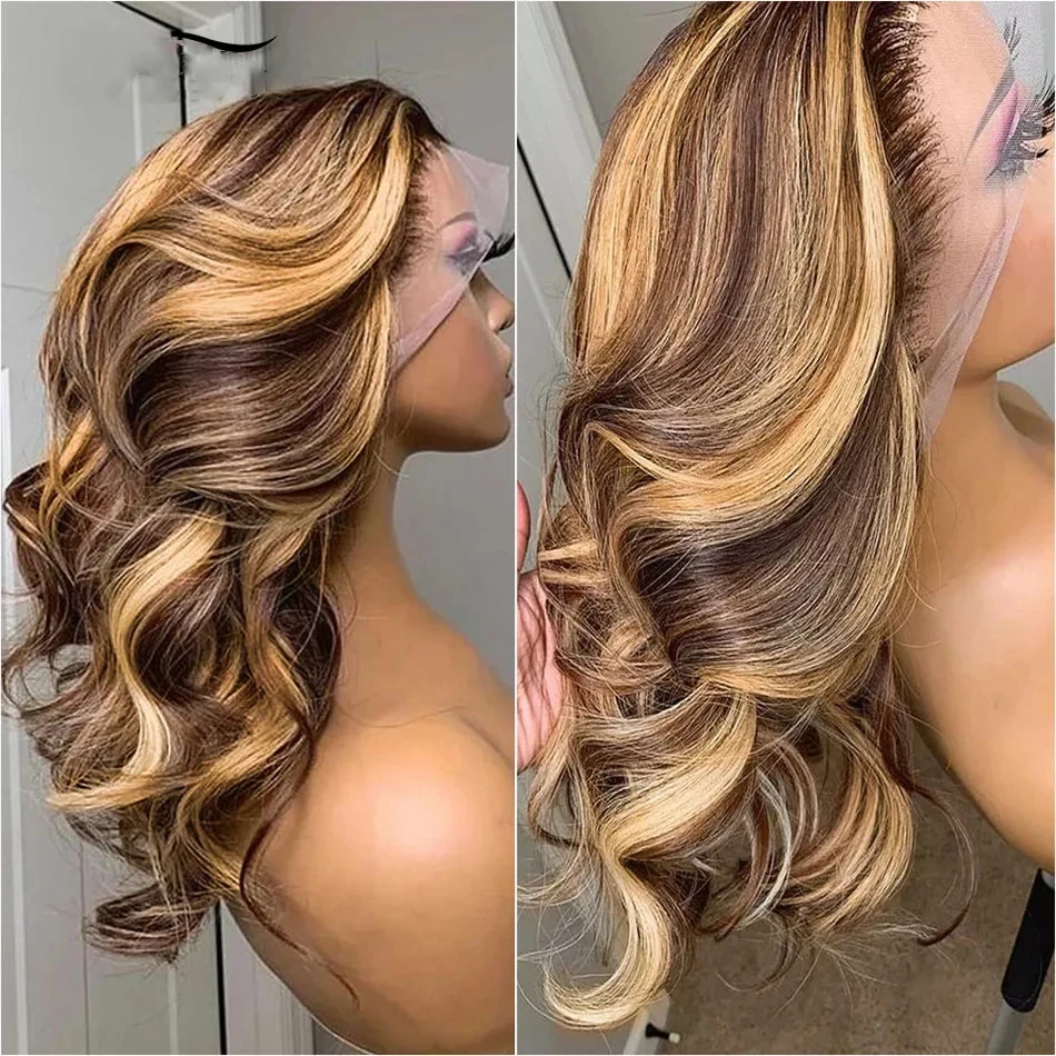 13x6 Highlight Spitze Frontal Perücke Menschliches Haar Körper Welle Ombre Farbige Honig Blonde Spitze Front Menschliches Haar Perücken für Frauen Vor Gezupft