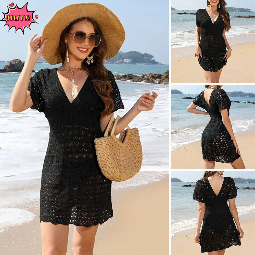 Fashion V Neck Summer Sunscreen Smock Hollow Out Casual Swimsuit Cover Up Dress Bathing Suit Vacation Beachwear Shirt for Women