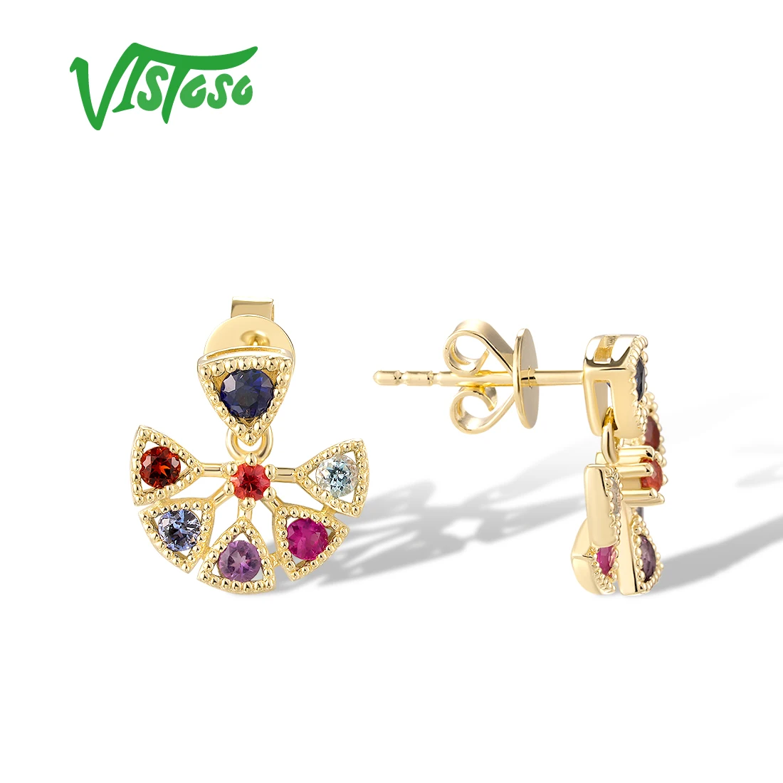 VISTOSO 14K 585 Yellow Gold Stud Earrings For Women Sparkling Multi-Color Gems Rainbow Exquisite Birthday Gifts Fine Jewelry