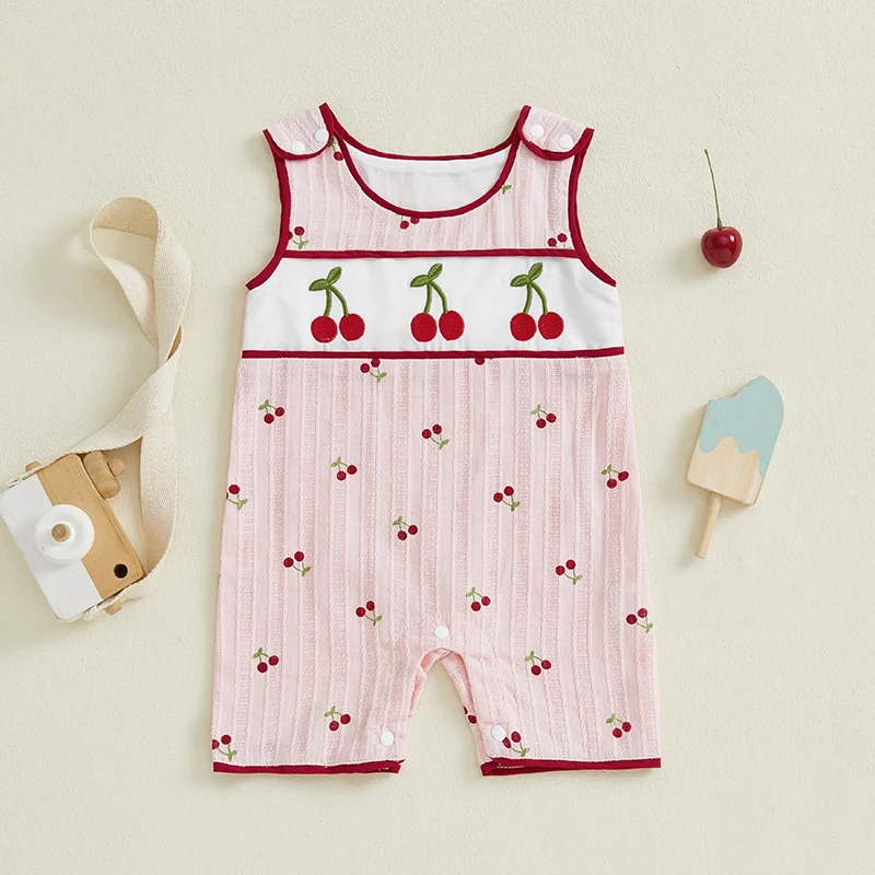 

Tregren Baby Girls Summer Jumpsuit Sleeveless Crewneck Cherry Embroidery Casual Tank Romper