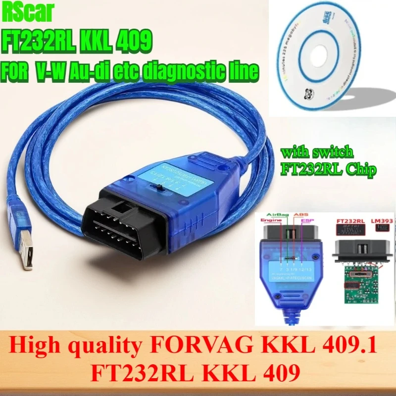 

Высококачественный чип FORVAG KKL 409.1 FT232RL для Fiat ECU Scanner OBD2 диагностический кабель с переключателем USB-интерфейса для Audi V-W