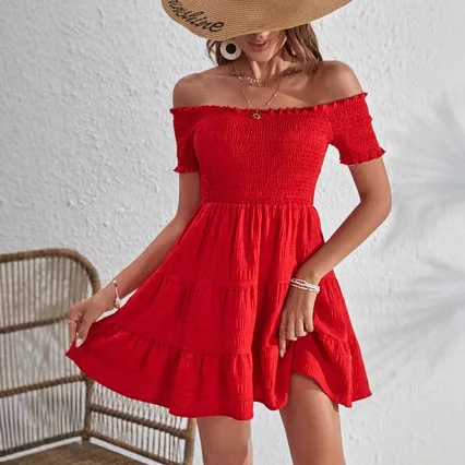 Nuovi arrivi Abbigliamento donna Abiti estivi Nuovo smocking manica corta tinta unita cuciture abito con scollo profondo