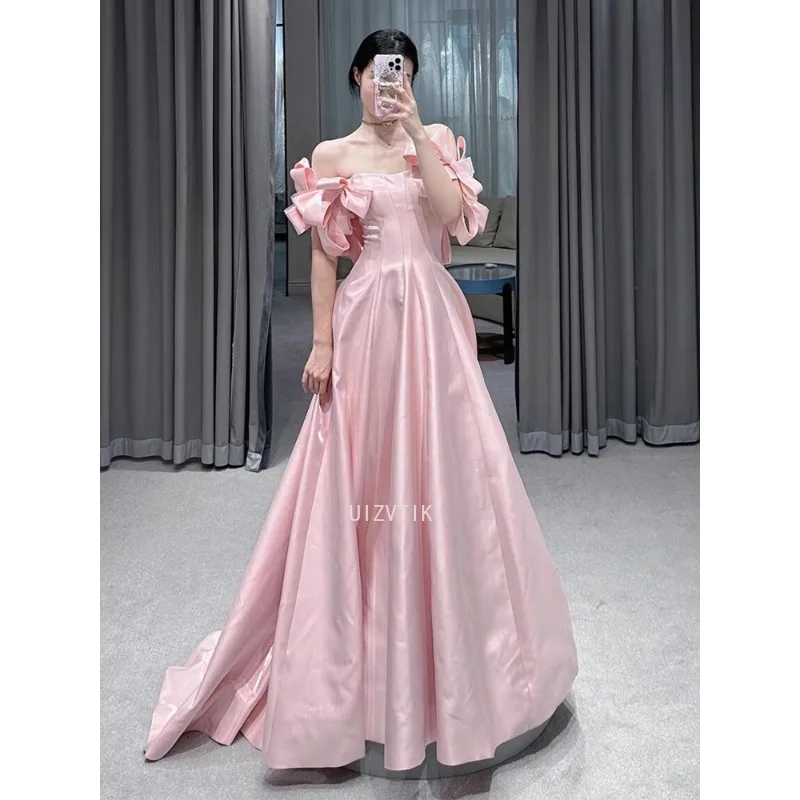 Pink Long Party Evening Dress Boutique Off-Shoulder A-Line Floor Length Prom Gown Customized Light Luxury Satin Wedding Dresses