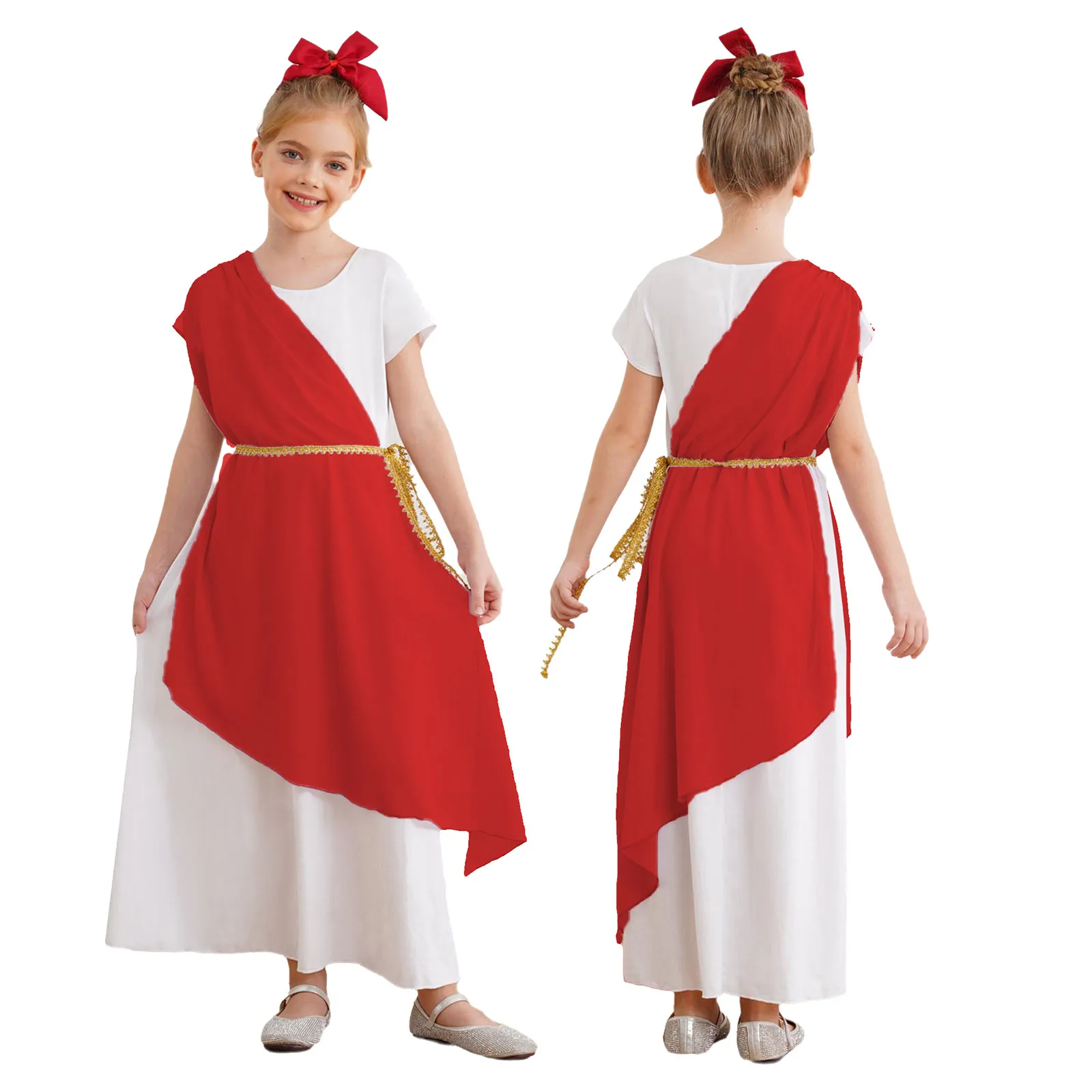 

Ancient Greek Toga Princess Cosplay Costume Short Sleeve Dress with Tulle Waistband Halloween Ancient Rome Princess Costume