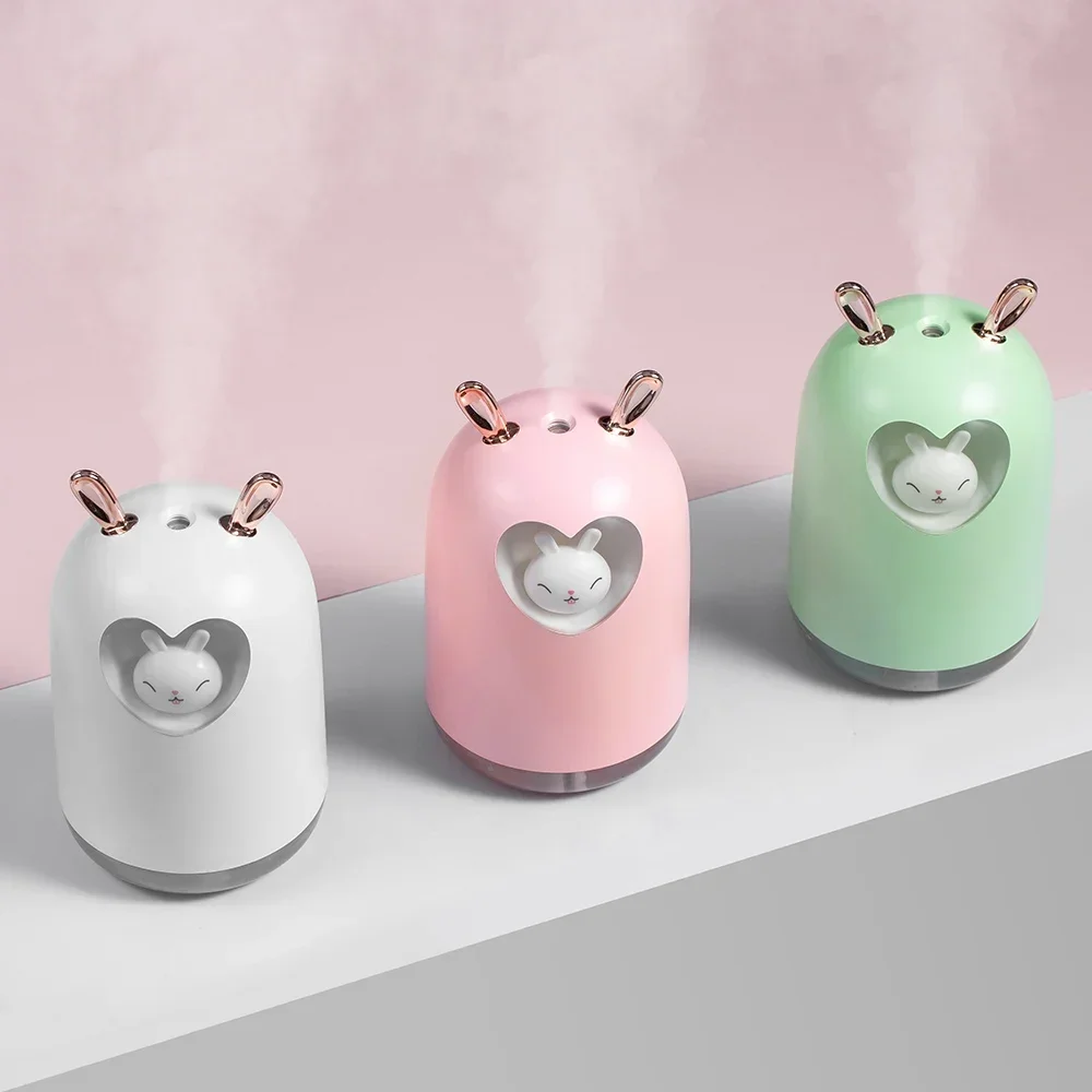 Cute Pet Ultrasonic Cool Mist Romantic Color LED Lamp USB Humidificador Lovely Rabbit 300ML Air Humidifier