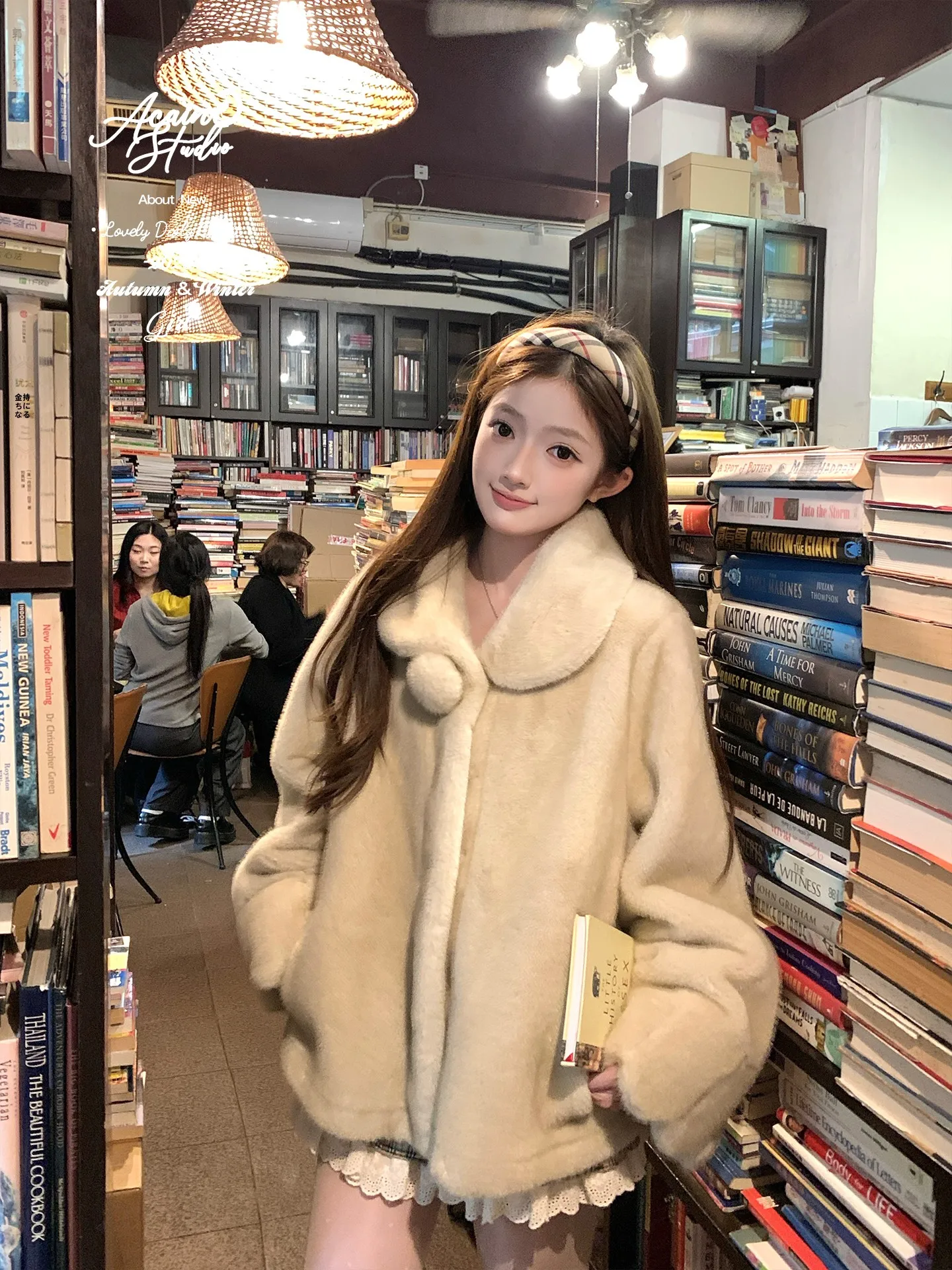 

Acaine Winter Vintage Rabbit Fur Collar Eco-friendly Leather Jacket Women's Elegant Top Button Closure Long Sleeve Coat