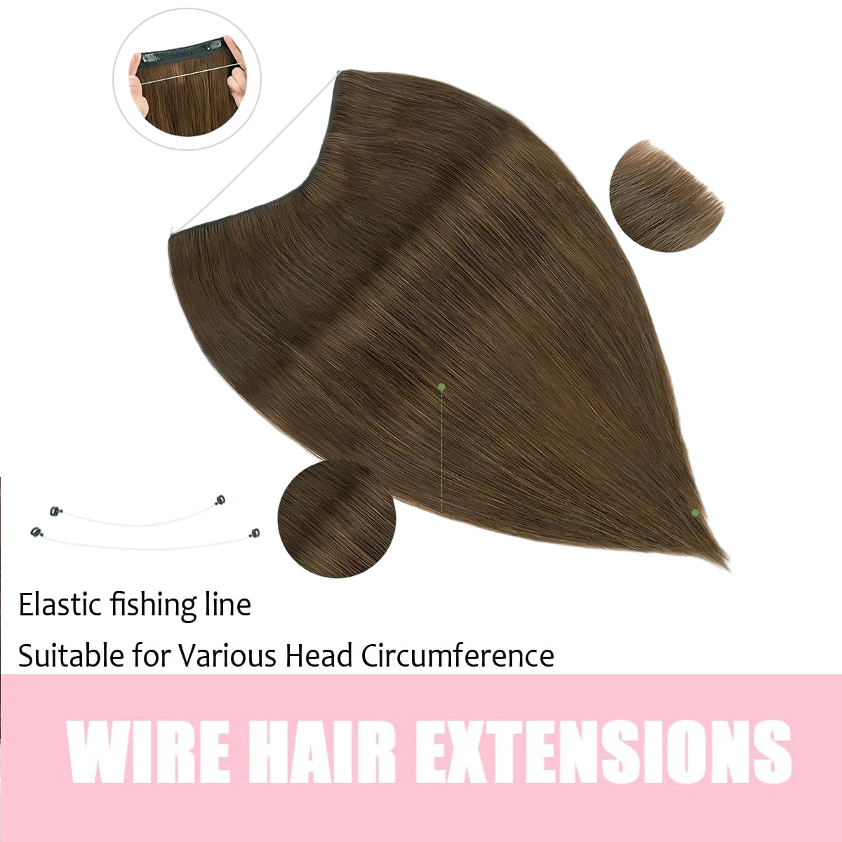 وصلات شعر هالة غير مرئية، شعر بشري حقيقي، سلك سمكة، شريط قابل للتعديل، مشبك سري للنساء، بني شوكولاتة #3