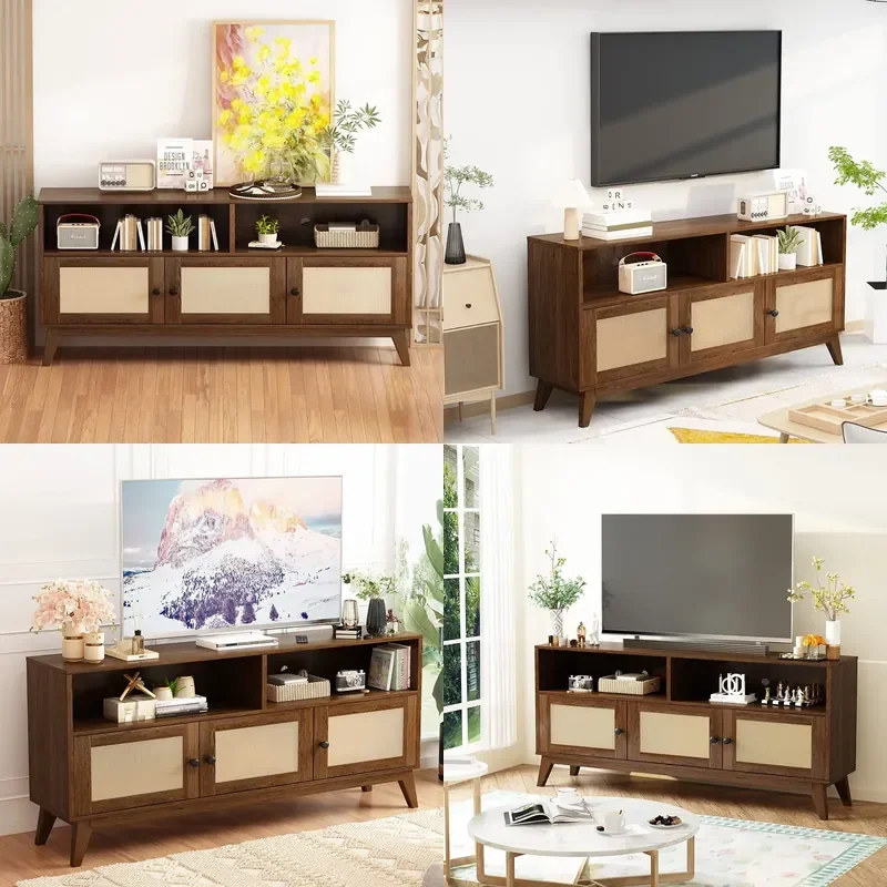 Modern Rattan Floor TV Cabinet Low Profile Media Console for Living Room Small Apartment Japanese Style Audio Visual Storage