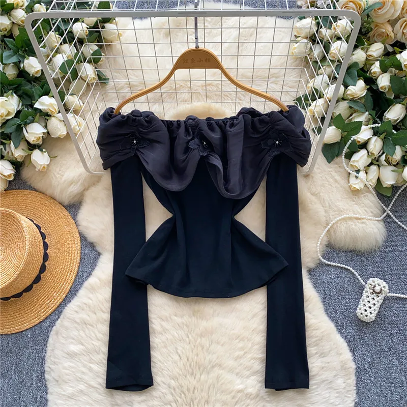 甘辛ガール パープル フリル スラッシュネック Tシャツ 秋冬新作 ファッション 長袖 オフショルダー トップス ブラック インナーシャツ